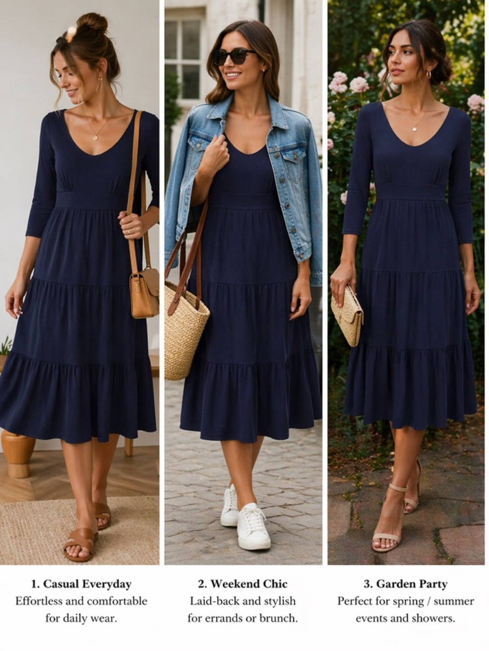 Loft, Women's Navy Long Sleeve Tiered Midi Dress, Size 4